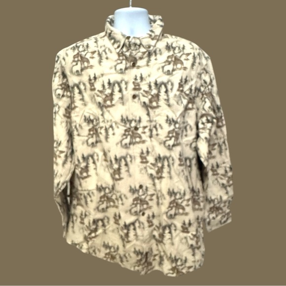 Woolrich Other - Woolrich Wolf Print Heavy Cream Green Brown Long Sleeve Button Down Shirt Men XL